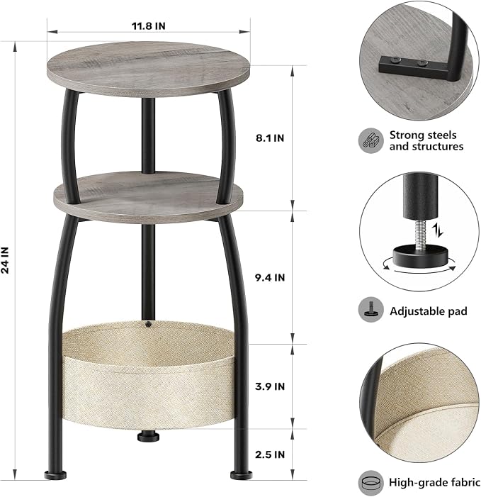 Round Side Table with Storage Basket –Small Space Saving End Table 3-Tier - Image 3