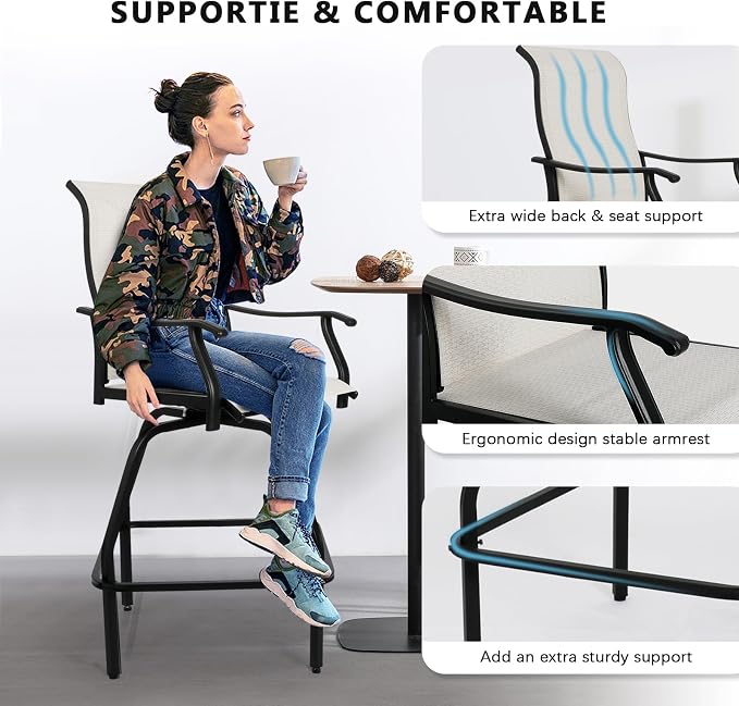 LEVELEVE Patio Bar Set 4pcs Swivel Bar Stools Outdoor Bistro Textilene - Image 6