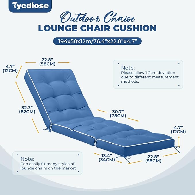 Outdoor Chaise Lounge Chair Cushion, Waterproof Non-Slip Patio Chaise Lounge - Image 2