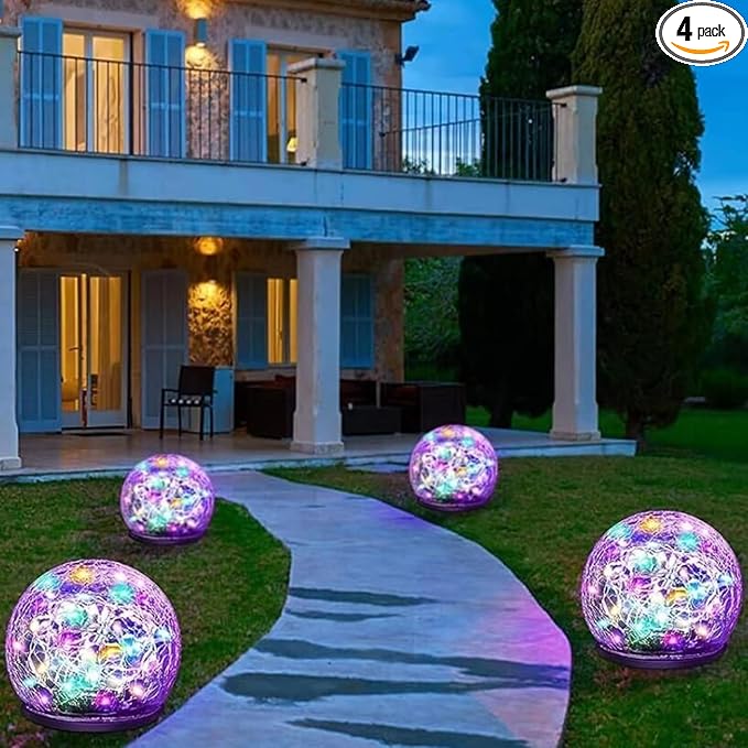 Solar Garden Lights, 4 Pack 120 LED Multicolor Cracked Glass Solar Outdoor by Keevvon
