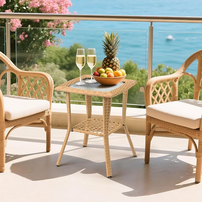VINGLI Outdoor Side Table with Storage Wicker Patio Side Table, Tempered Glass - Image 2