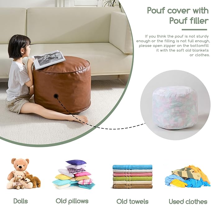 HIGOGOGO Round Stuffed Pouf Ottoman, Pu Leather Poufs - Image 3