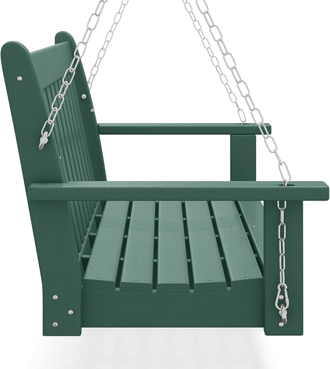 COSTAELM Paradise Outdoor Patio HDPE Hanging Front Porch Swing Bench, Dark Green - Image 3