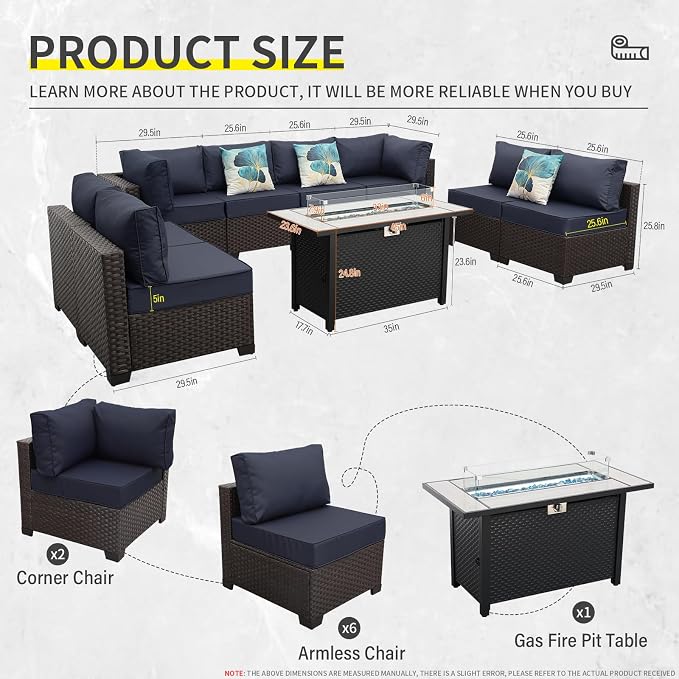 9 Pieces Wicker Patio Furniture Set Outdoor PE Rattan Sectional Conversation - Image 5