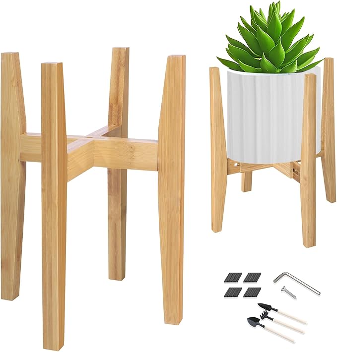 OERGKE Adjustable Plant Stand Indoor, Bamboo Mid Century Modern Plants Stands by OERGKE