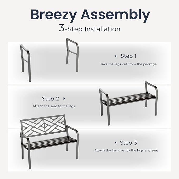 PHI VILLA 43 Inch Cast Iron Steel Frame Outdoor Garden Bench, Patio Furniture - Image 7
