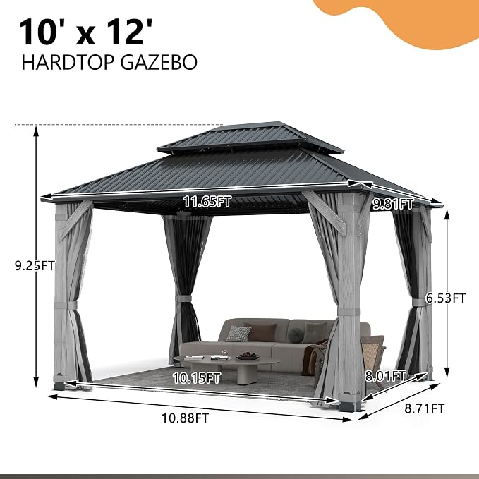 10'x12' Hardtop Wood Gazebo, Outdoor Double Roof Galvanized Steel Top Gazebo - Image 7