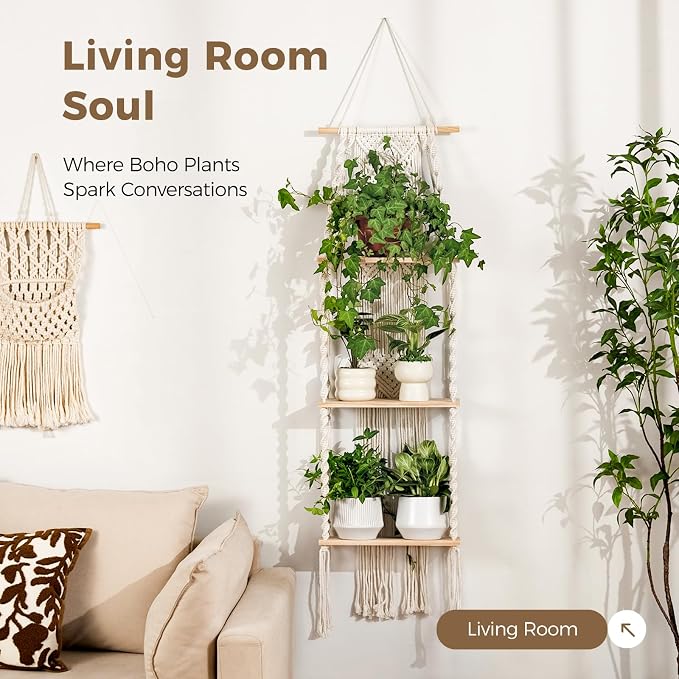 Bamworld Plant Wall Shelf Boho Plant Stand Window Plant Shelf 3 Tier Macrame - Image 3