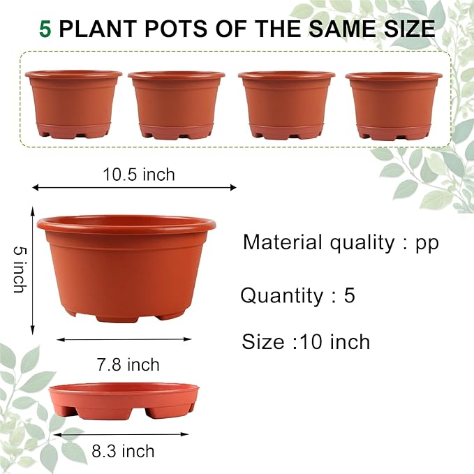 5 Pack 10.5 inch Plant Pots, Planter-Pots-for-Plants-Indoor-Outdoor，Plastic - Image 2