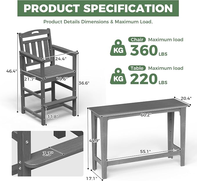 Outdoor Patio Bar Height Table and Tall Adirondack Chairs Set of 2, All-Weather - Image 3