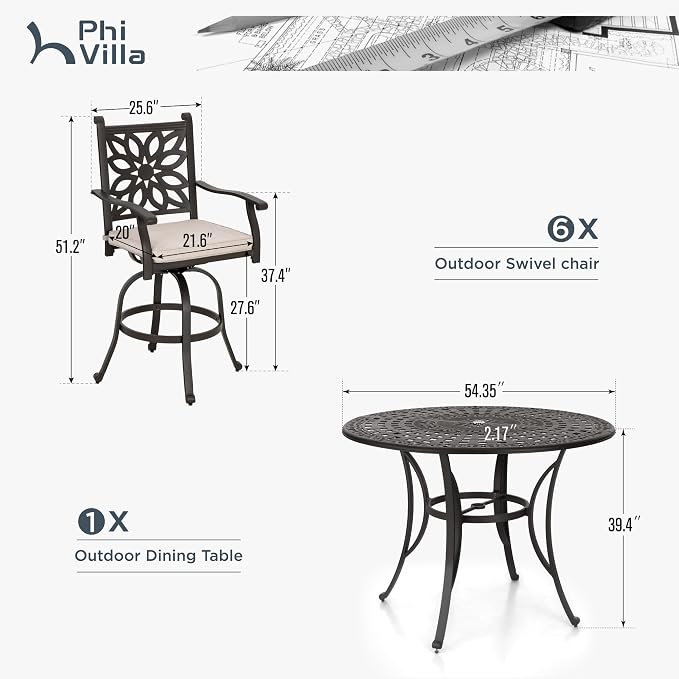 PHI VILLA 7 PCS High Bar Patio Dining Set, Cast Aluminum Outdoor Bar Set - Image 6
