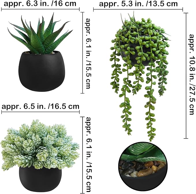 Winlyn Set of 3 Artificial Succulent Plants in Black Concrete Pots Faux Aloe - Image 2