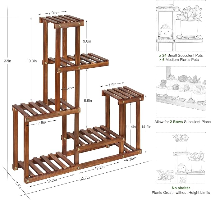 Wood Plant Stand Indoor Outdoor Multi Tiered Corner Plant Shelf Holder High Low - Image 2
