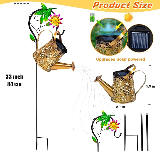 Solar Metal Watering Can with Hummingbird Shepherd Hook and Cascading Lights - Image 7
