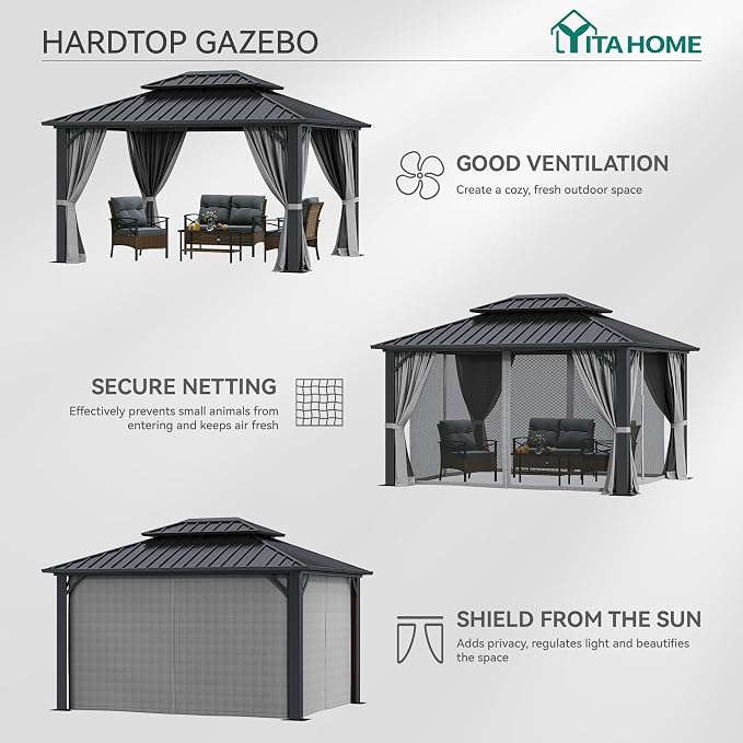 YITAHOME 10X12FT Hard Top Metal Gazebo Patios Double Roof Canopy Aluminum Frame - Image 2