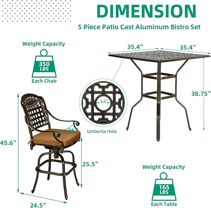 VIVIJASON 5-Piece Bar Height Patio Dining Set, Rust-Free Cast Aluminum Outdoor - Image 6
