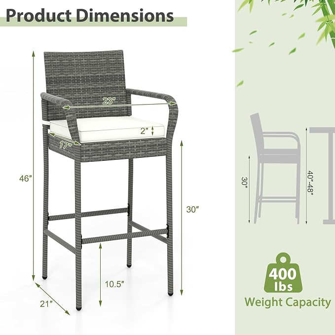 Tangkula Patio Wicker Barstools Set of 2, Outdoor PE Rattan Bar Chairs - Image 4