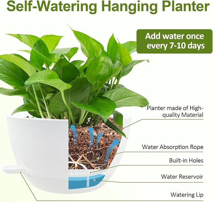 WOUSIWER Self Watering Hanging Planters, 2 Pack 12'' Plastic Pots - Image 6