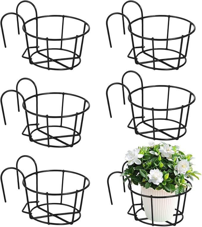 6 PCS Round Hanging Railing Planters, Hanging Flower Stand Iron Baskets by Tideme
