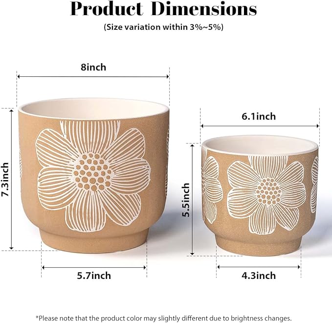 YBX 8 Inch + 6 Inch White Flower Pattern Plant Pots, Sand Glazed Ceramic Planter - Image 6