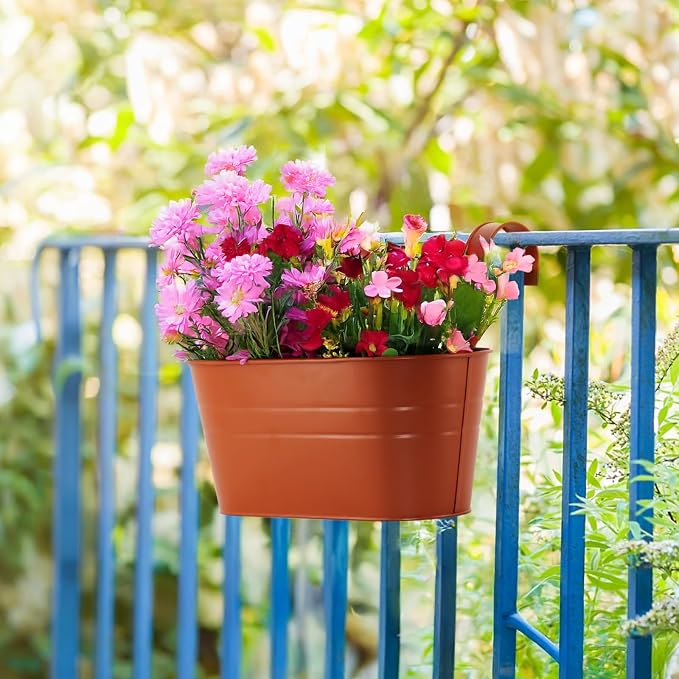 3 Pack Metal Railing Planters, 10.5" Oval Hanging Flower Pots - Image 3