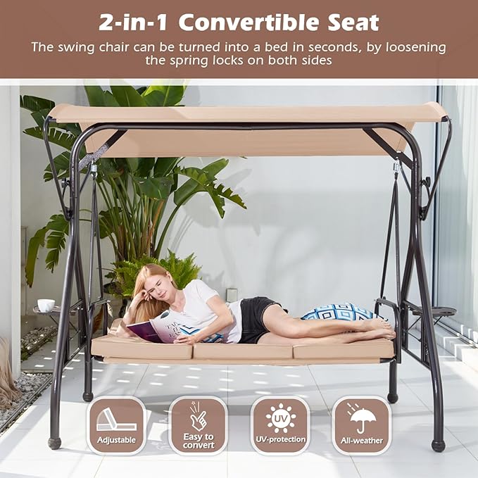 800LBS Patio Swing with Canopy 3 Seat Outdoor Porch Swing with Stand w/Cup - Image 2