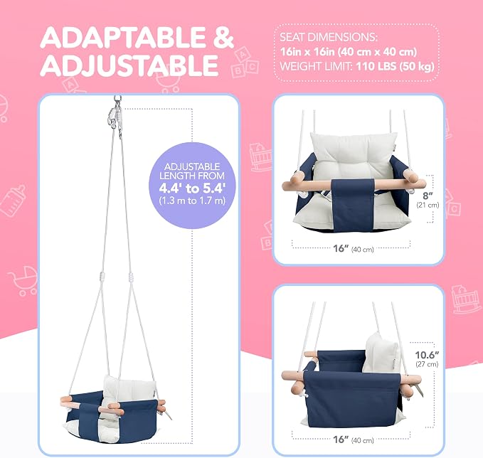 CaTeam - Canvas Baby Swing, Wooden Hanging Swing Seat Chair - Image 5