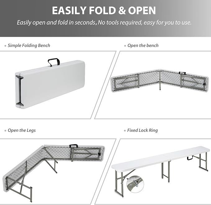 6ft Plastic Folding Bench with Carrying Handle & Lock, Portable Outdoor Bench - Image 6