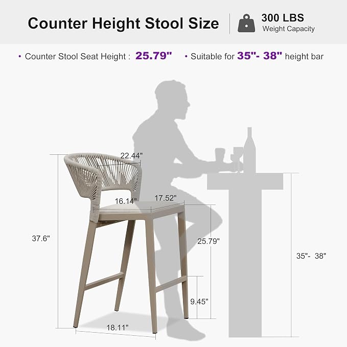 PURPLE LEAF Counter Height Bar Stool Set of 2 Patio Bar Stools Modern Bar - Image 2