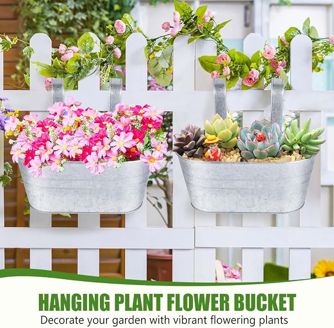 OBTANIM 4 Pack Metal Hanging Flower Pots Iron Railing Planter Outdoor Fence - Image 4