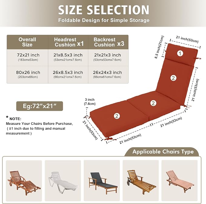Chaise Lounge Cushion 72x21x3 Inch ?Set of 2 Outdoor Lounge Chair Cushions - Image 2