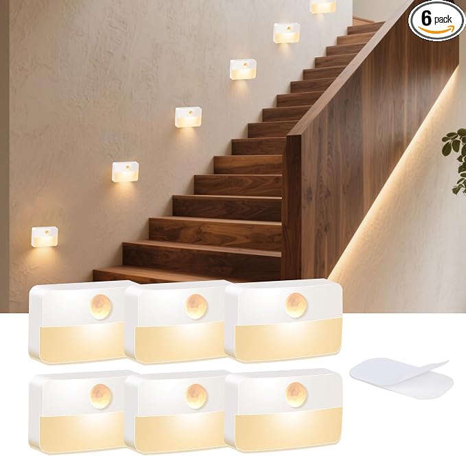 Motion Sensor Night Light for Indoor: 6 Pack Battery Operated Stair Lights LED by DJBoomy