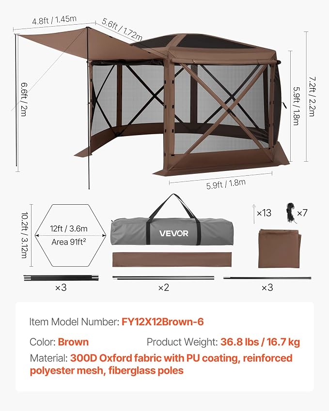 VEVOR Pop up Gazebo Screen Tent, 12 x 12 ft Large 6-Sided Camping Canopy Tent - Image 7