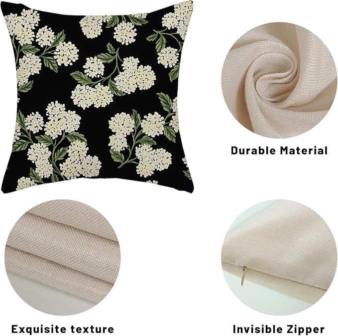 Black Spring Pillow Covers 24x24 Inch 2 Pcs Green Hydrangea Flower Decor Throw - Image 7