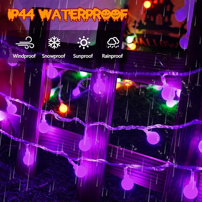 LORRYTE Connectable Purple Halloween Lights Outdoor Indoor - 43FT 100LED Globe - Image 3