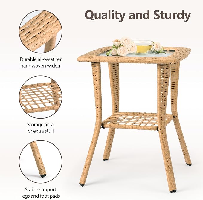 Outdoor Side Table with Storage Wicker Patio Side Table, Tempered Glass Top End - Image 4