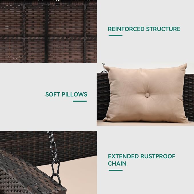 YITAHOME Wicker Hanging Porch Swing Chair Outdoor Brown Rattan Patio Swing - Image 6