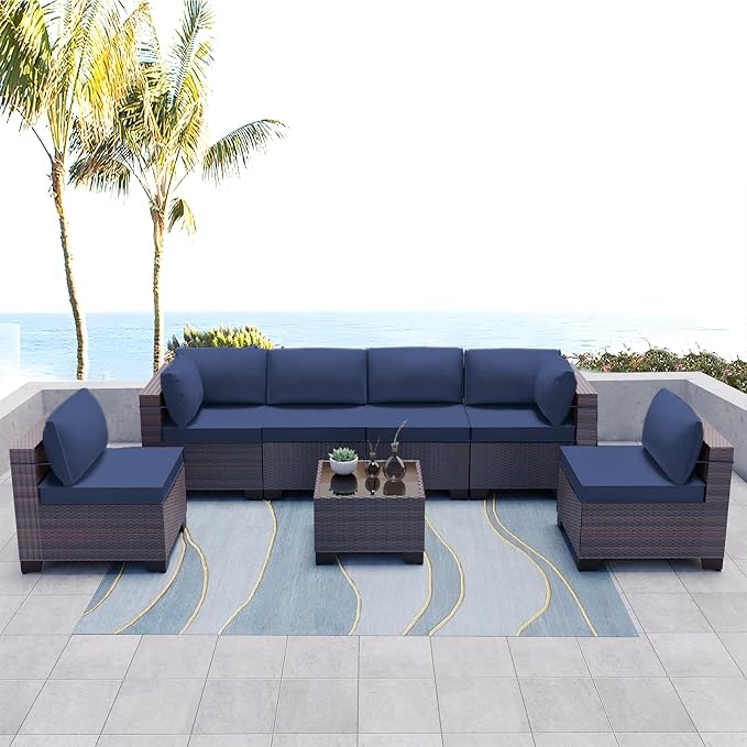 Kullavik 7 Pieces Outdoor Patio Furniture Set, Sectional Rattan Sofa Set Brown - Image 8