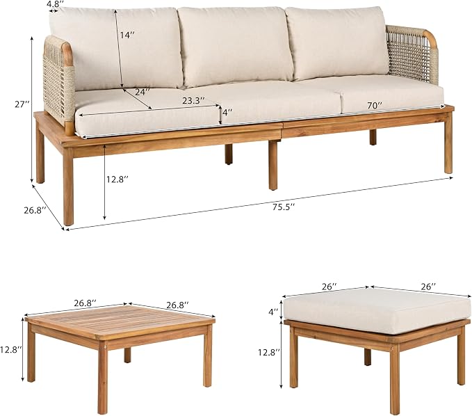 3-Piece L-Shape Outdoor Furniture Set, Outdoor Acacia Wood and Rope Patio Sofa - Image 3