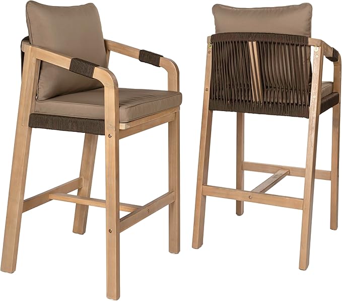 JONATHAN Y BSL1200C-SET2 Porto Modern Coastal Tub Roped Acacia Wood Outdoor Bar by JONATHANY