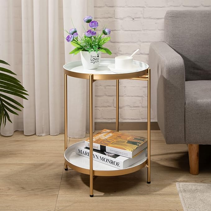 HollyHOME 2-Tier Round Gold Side Table, Outdoor Small Folding Accent Stand - Image 2