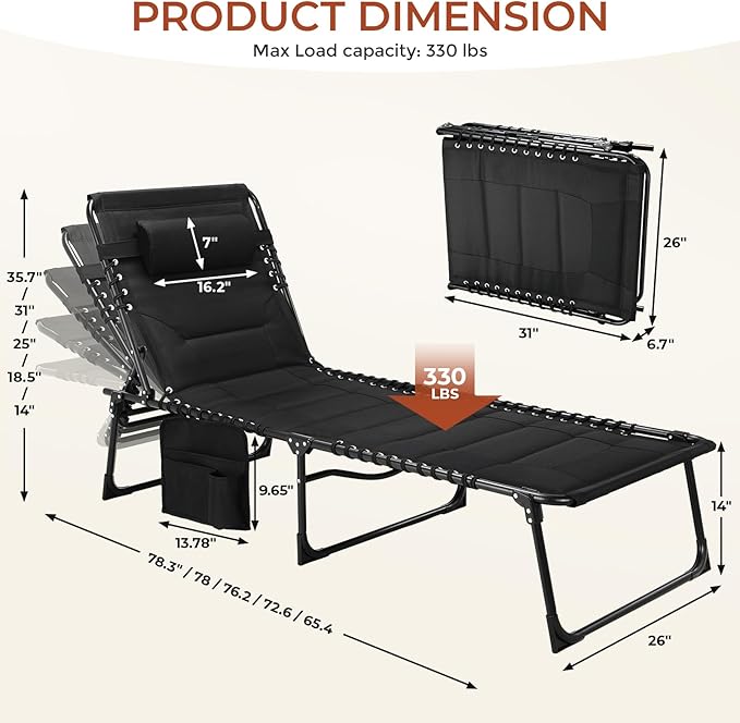 TLSUNNY Padded Folding Lounge Chair, Portable Reclining Chair - Image 3
