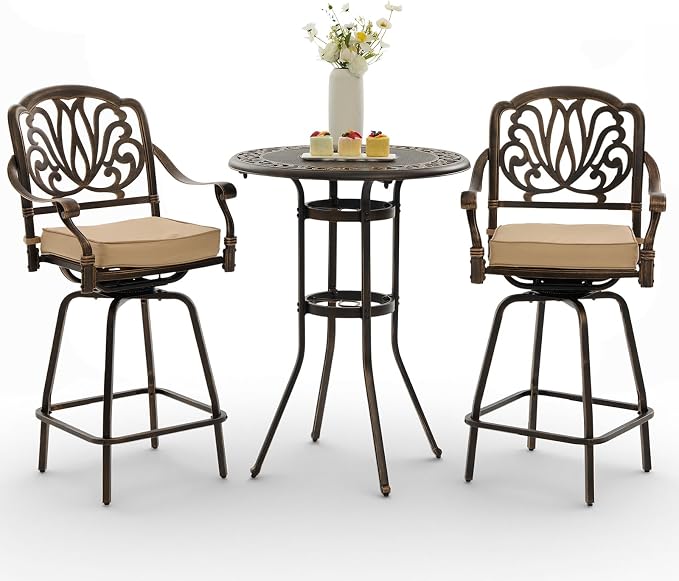 3 Piece Swivel Outdoor Table and Chairs Bar Set, All-Weather Cast Aluminum by Attliasalon
