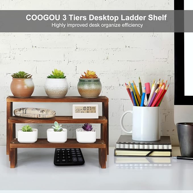 Desk Plant Stand Windowsill Plant Shelf 3 Tiers Wooden Tabletop Plant Shelves - Image 3