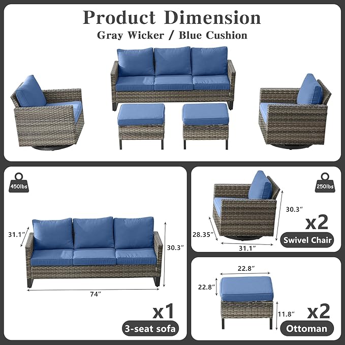 Belord Wicker Patio Furniture 5 Piece Outdoor Sofa Set, Oversize Outdoor Swivel - Image 2