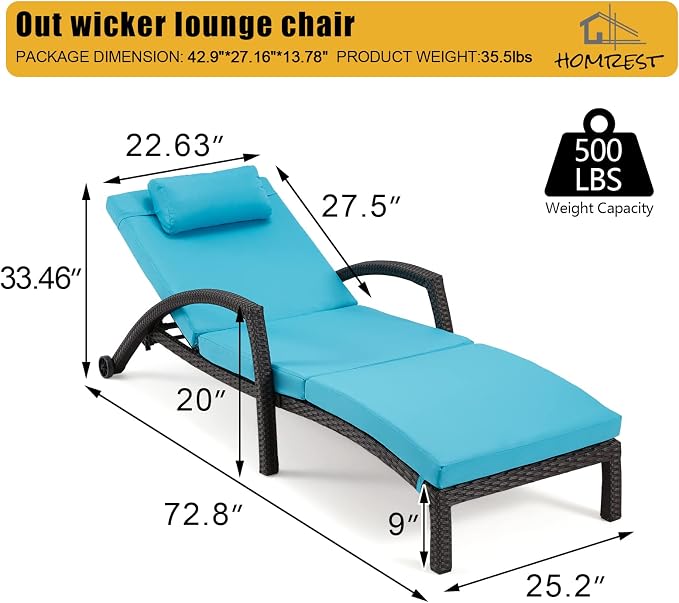 HOMREST Chaise Lounge Chairs Set of 4, PE Rattan Wicker Lounge Chair - Image 3