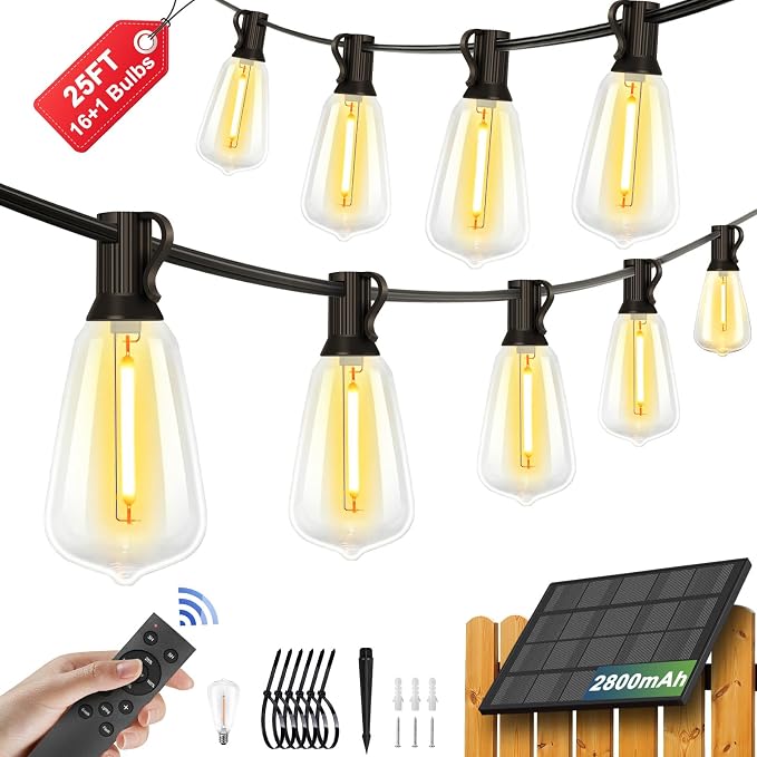 25FT Solar String Lights with 16+1 LED Bulbs, Patio String Lights Whith Remote by QualityLightBulbLightofInnovation