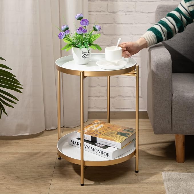 HollyHOME 2-Tier Round Gold Side Table, Outdoor Small Folding Accent Stand - Image 8