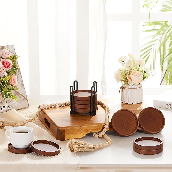 Set of 6 Wooden Coasters With Holder - Image 3