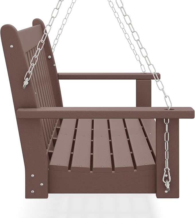 COSTAELM Paradise Outdoor Patio HDPE Hanging Front Porch Swing Bench, Dark Brown - Image 3